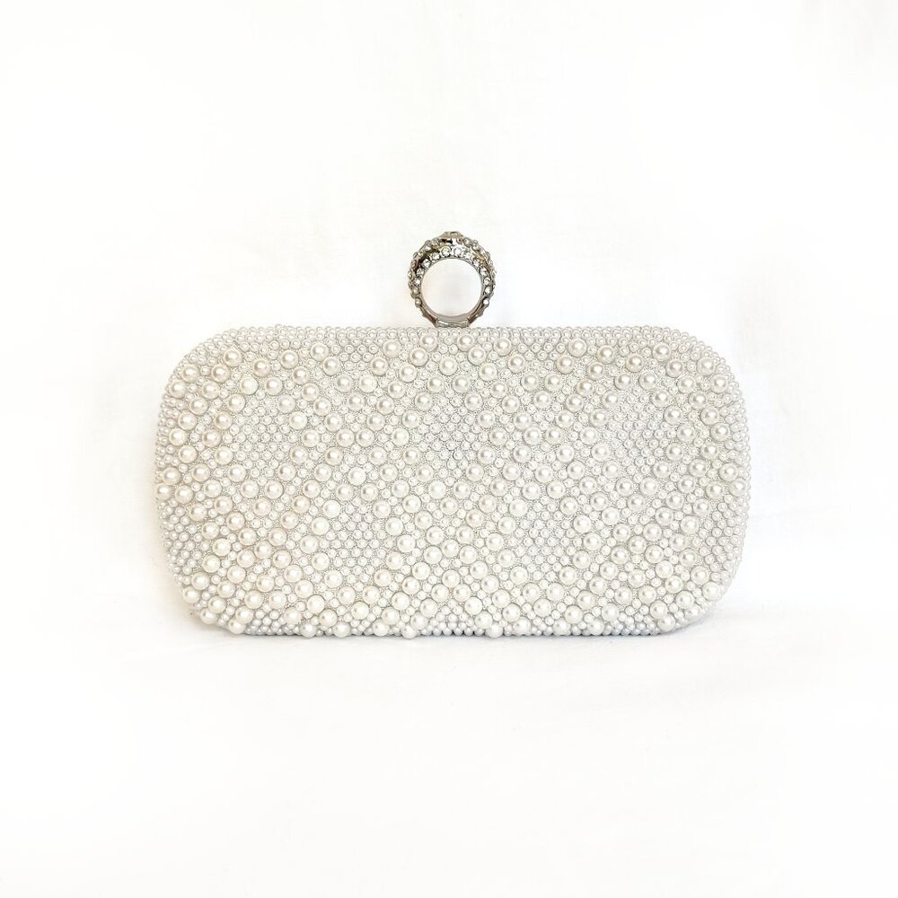 NWOT Natasha Couture Silver Pearl Crystal Embellished Box Clutch Removable Strap